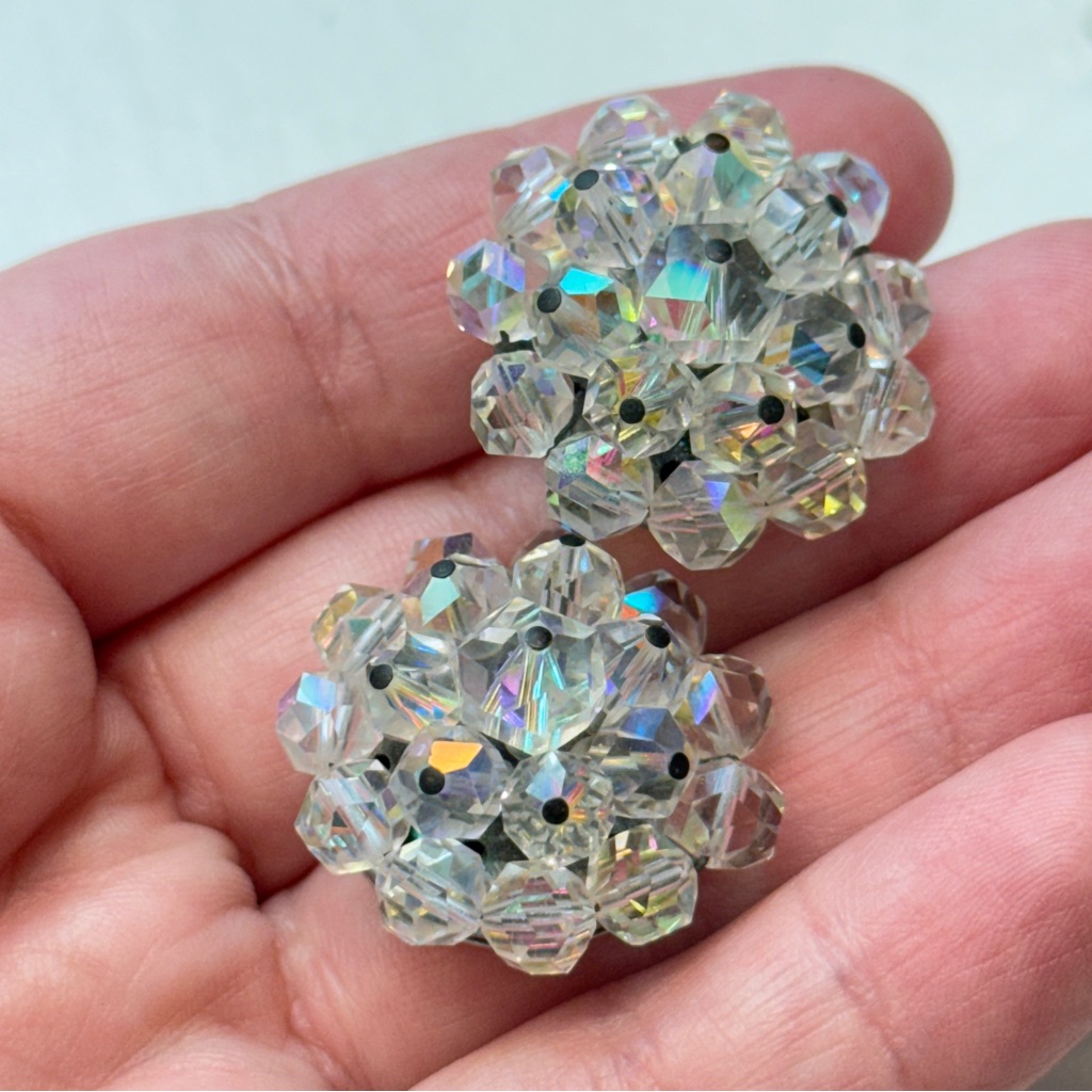 Vintage Laguna Ab Crystal Bead Clear Cluster Clip On Earrings Silver Tone 1 16$